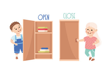 Wall Mural - Little Boy and Girl Opening and Closing Door Demonstrating Vocabulary and Verb Vector Set