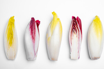 Wall Mural - Fresh organic Belgian endivi or green and red chicory lettuce close up isolated on white background