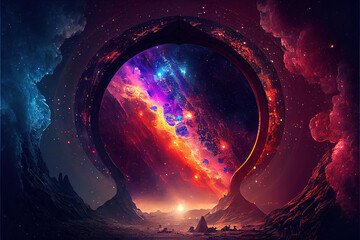 Wall Mural - fantasy background with magical portal to another dimensin on alien planet in space