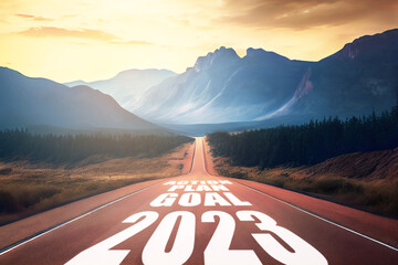 Empty asphalt road and New year 2023 concept. Driving on an empty road to Goals 2023 with sunset.Mountain-high landscape with 2023 text.illustration	
