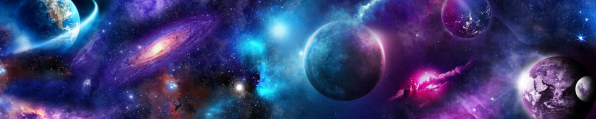 Wall Mural - space scene with planets, stars and galaxies, nebula. panorama. horizontal view. template banner. 3d