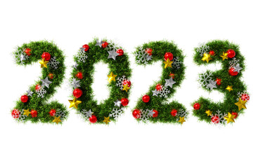 Wall Mural - Beautiful christmas wreath like font in the shape of text 2023 with snowflake and shiny stars and red orbs on transparent background (RGBA 3D Rendering PNG)	