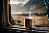 Fototapeta  - Steaming cup of coffee on the window sill of a campervan - Van Life and Slow living