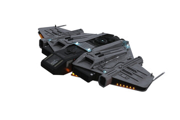 Aufkleber - Fantasy futuristic grey space ship in flight with yellow lights on. 3D illustration isolated.