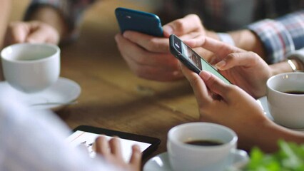 Aufkleber - Business people, coffee break and phone in hands for communication, social media and cloud computing for data, media and information. Office group together for wifi connection, internet and addiction