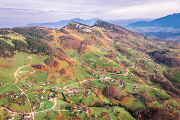 Poster - Beautiful landscape aerial view with Carpathian Mountains in Brasov county Romania captured in autumn 