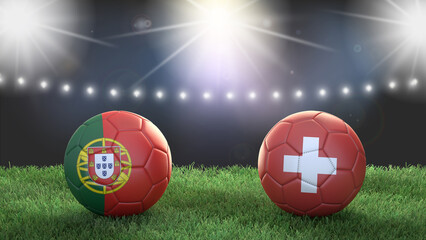 Wall Mural - Two soccer balls in flags colors on stadium blurred background. Portugal vs Switzerland. 3d image