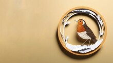 Illustration Of A Paper Cute Bird In A Circle On The Beige Background