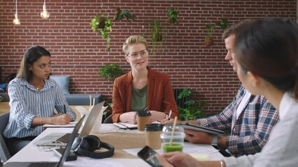 Poster - Teamwork, planning and brainstorm with businesspeople plan strategy ideas with collaboration. Diverse business group, partnership and communication for sales report with the team leader