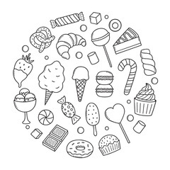 Wall Mural - Sweets and candies doodle set. desserts in sketch style. Hand drawn vector illustration isolated on white background