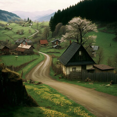 Wall Mural - Landscape of small village