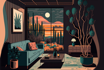 Postcard of an illustration of a modern living room with plants and a big  window with a view of a beautiful colorful desert during sunset