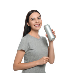 Sticker - Beautiful happy woman holding beverage can on white background