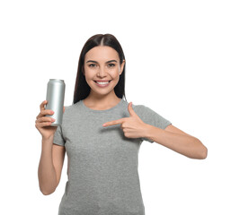 Sticker - Beautiful happy woman holding beverage can on white background