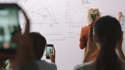 Poster - Presentation, audience and phone to record finance, SEO and profit analytics seminar, update and training with speaker, coach or manager. Men and women in meeting or workshop for business people