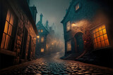 Fototapeta Londyn - AI generated image of Victorian London on a moody evening with gas-lights, fog and cobble-stone streets	
