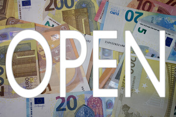 Poster - Open word with money. Paper currency background with different banknotes.