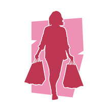 Young Woman Carrying Shopping Bag. Vector Red Silhouette. On Red Background.