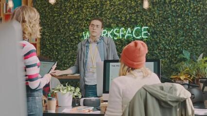Poster - Coworking, web design advice and business people planning strategy, creative discussion and training in office. Website group, project management and workers talking about ux collaboration as a team