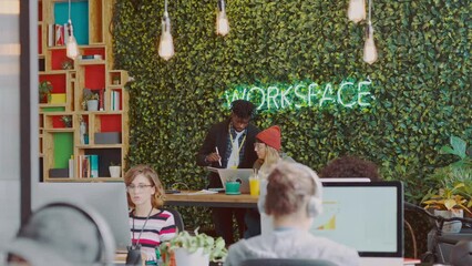 Poster - Creative workspace, company office and modern startup collaboration at tech, design and marketing business for innovation, creativity and teamwork. Corporate workers, technology and eco friendly work