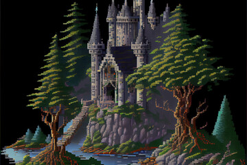 Sticker - 8 bit Pixel art of a castle on a hill