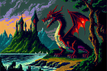 Wall Mural - Pixel 8 bit art dragon landscape