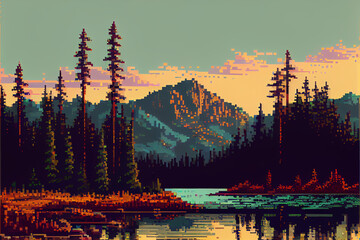 Wall Mural - 8 bit pixel art of a mountainous valley with a lake