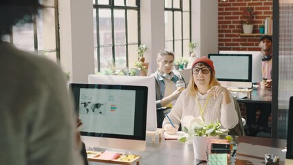 Poster - Computer, creative and question with a woman designer raising her hand while talking to her boss in the office. Teamwork, communication and ask with a female employee chatting to a supervisor at work