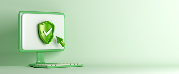 Fototapete - Password secure login access with cartoon style computer monitor keyboard, shield with check mark, 3d rendering illustration