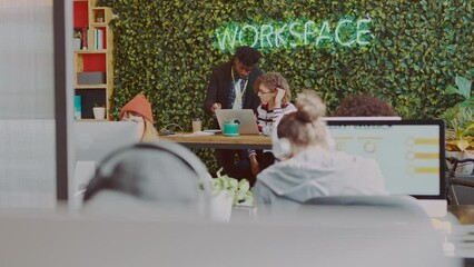Poster - Teamwork, collaboration and business people in creative workplace talking, in discussion and meeting. Digital marketing, web design startup and young employees working in eco friendly office