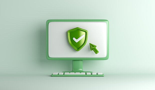 Password secure login access with cartoon style computer monitor keyboard, shield with check mark, 3d rendering illustration