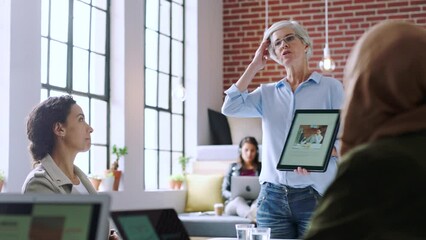 Poster - Business meeting, tablet and team collaboration or creative design, digital marketing and interracial employees discussion. Teamwork, diversity and web technology and digital mobile app strategy