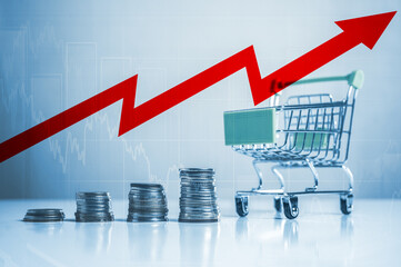 Inflation and economic crisis. High inflation rate. Rising cost of shopping. Increased product sales, basket growth, market or consumer price index concept.