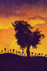 Wall Mural - Tree silhouette at sunset grunge