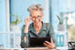 © Anela/peopleimages.com - Tablet communication, email and business woman reading notification, digital networking and corporate app for work. Office contact, internet research and senior worker with tech for connection