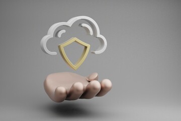 Aufkleber - Beautiful abstract illustrations Golden Hand Holding Cloud shield  Security symbol icon on a gray background. 3d rendering illustration. Background pattern for design. Web Hosting.