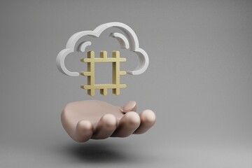 Fototapete - Beautiful abstract illustrations Golden Hand Holding Cloud Server CPU symbol icon on a gray background. 3d rendering illustration. Background pattern for design. Web Hosting.