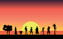 Silhouette Illustration Of Eight People And One Pet Watching A Sunset Panorama