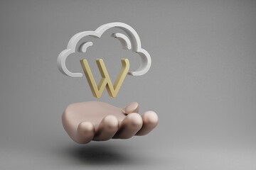 Fototapete - Beautiful abstract illustrations Golden Hand Holding Cloud Database W symbol icon on a gray background. 3d rendering illustration. Background pattern for design. Web Hosting.