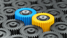 The Concept Of Two Interlocking Metal Gears On A Dark Technological Background. Abstract Mechanical Design Illustration. Yellow And Blue Cogwheel. 3d Render