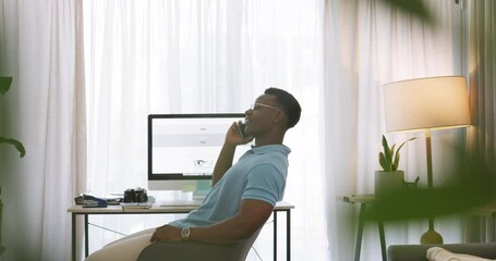 Poster - Phone call, remote work and black man speaking on a phone, networking and planning small business from the living room of home. Communication, entrepreneur and African worker on a mobile laughing