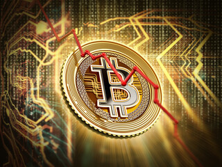 Wall Mural - Bitcoin Price Falling concept, Bitcoin digital cryptocurrency on technology background. 3D illustration