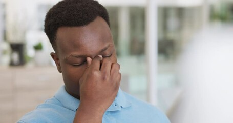 Poster - Black man, professional burnout and stress with headache, anxiety and frustrated with work, overworked and fail with mistake while working. Businessman, glasses and tired, angry with job problem.