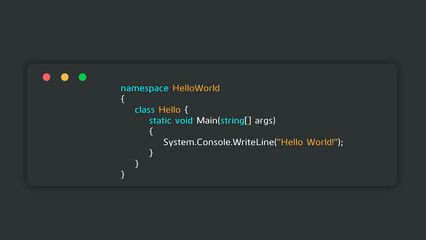 Fototapete - hello world in c# programming language. coding illustration of c#.