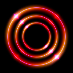 Poster - Abstract circle light neon glowing rings on black background, orange red concentric laser light circles with copy space, vector illustration backdrop.