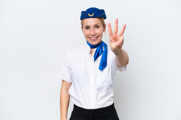 Wall Mural - Airplane blonde stewardess woman isolated on white background happy and counting three with fingers