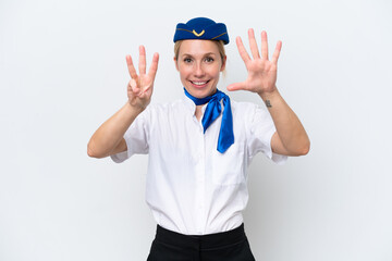 Wall Mural - Airplane blonde stewardess woman isolated on white background counting eight with fingers