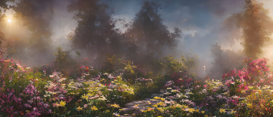 Wall Mural - Artistic digital painting of majestic garden, wallpaper