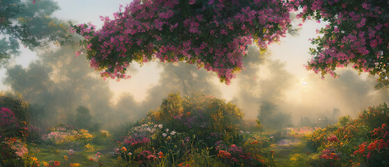 Wall Mural - Artistic digital painting of majestic garden, wallpaper