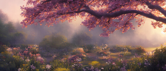 Wall Mural - Artistic digital painting of majestic garden, wallpaper